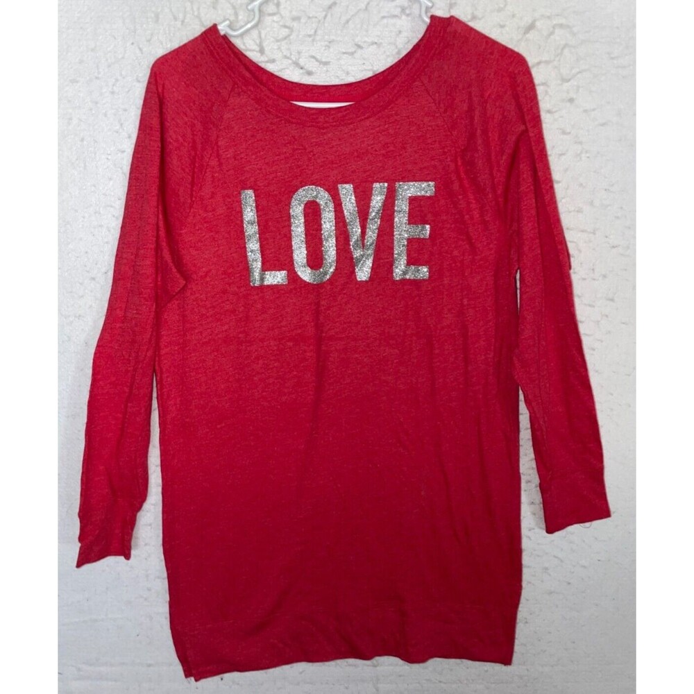 Victoria’s Secret Red Love Glitter Bling Graphic Long Sleeve Sleepshirt Sz XS